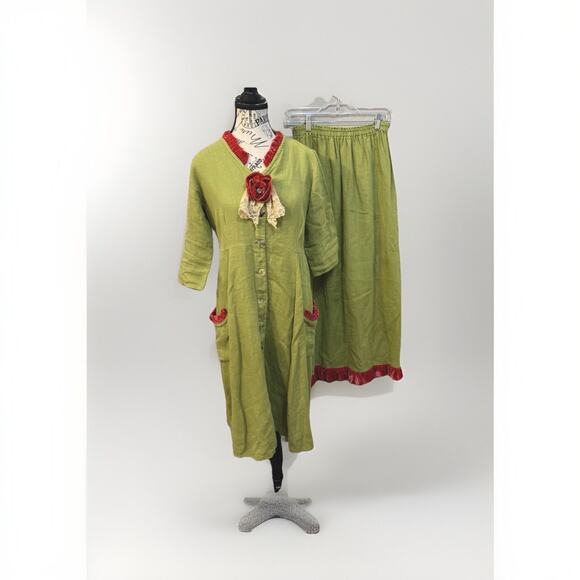 Hearts Desire Audrey Green Linen Velvet Lagenlook Dress Sz Medium Hot Pink Trim